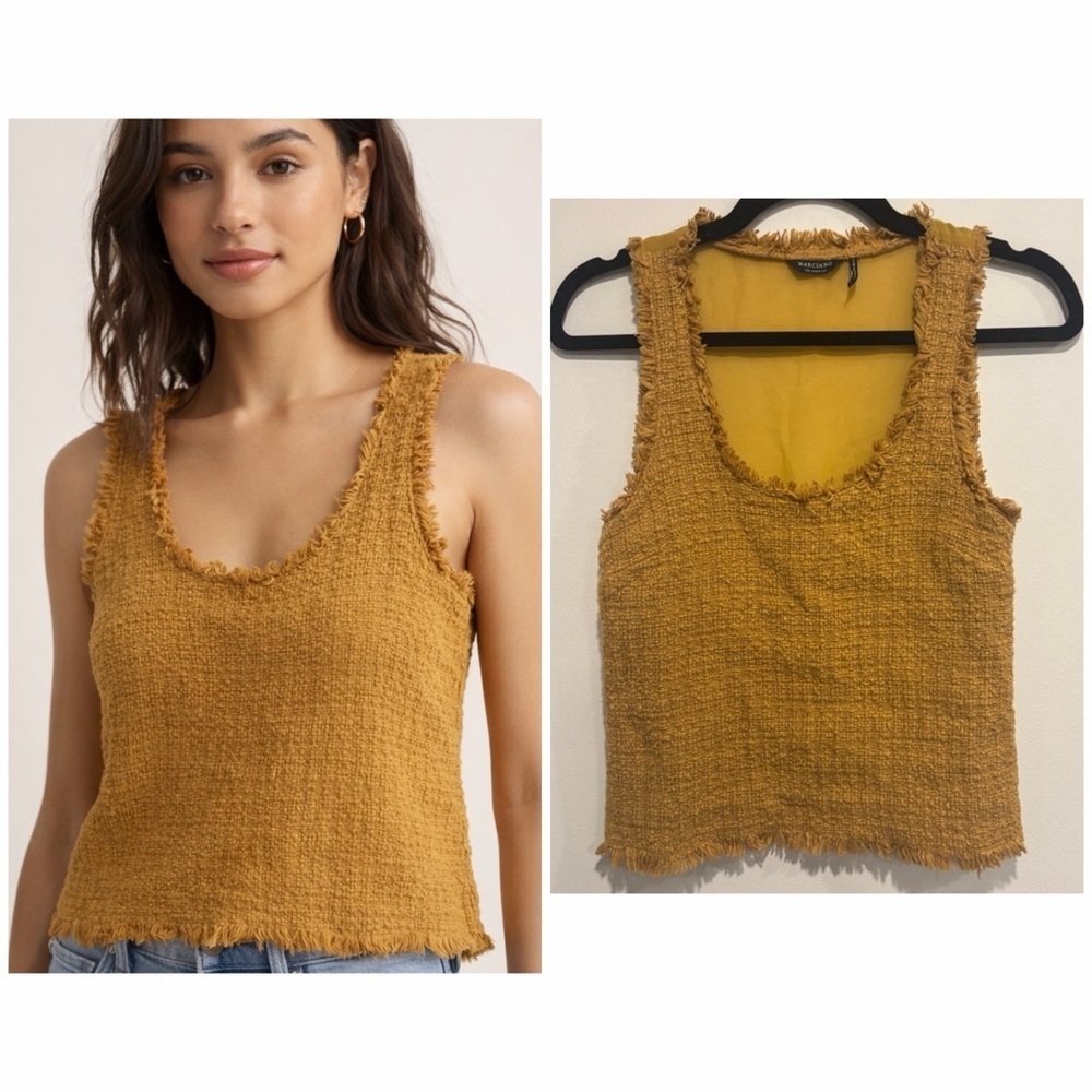 Marciano Los Angeles Textured Fringe Tank Top Mustard Yellow XS
